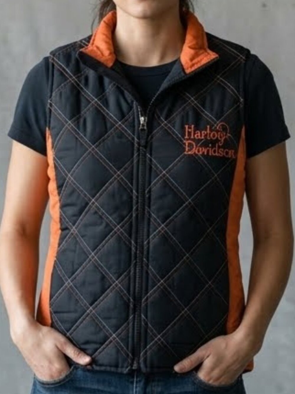 Harley Davidson Quilted Puffer Motorcycle Vest Black Orange Biker Women's S